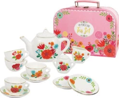 My Porcelain Tea Set- Carry Case With Modern Floral Design And Golden Edging-Bright Stripes -The Toy Maven Shop brstch12105 1