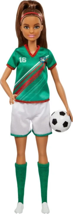 Barbie Soccer Doll, Brunette, #16 Uniform, Soccer Ball, Cleats, Socks, 3 & Up-Barbie