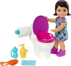 Barbie Small Doll And Accessories, Babysitters Inc. Set With Toilet And 5 Pieces-Barbie