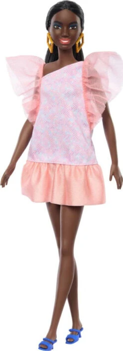 Barbie Fashionistas Doll #216 With Tall Body, Black Straight Hair & Peach Dress, 65th Anniversary-Barbie