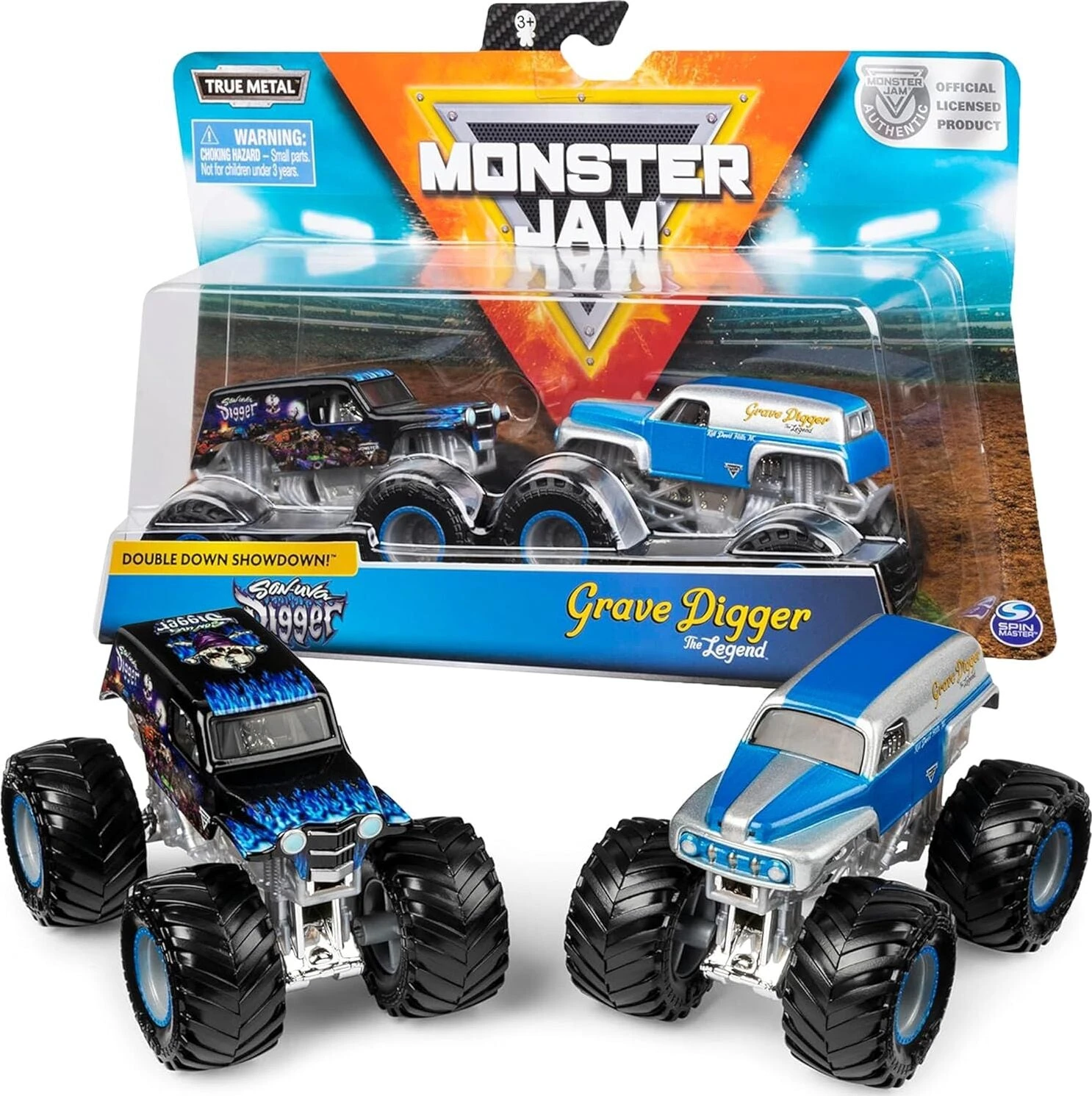 Monster Jam Grave Digger vs Son-Uva Digger Monster Truck Duo Pack- True Metal 1:64 Scale-Spin Master Monster Jam Grave Digger Vs Son-Uva Digger Monster Truck Duo Pack- True Metal 1:64 Scale-Spin Master -The Toy Maven Shop spin6070060