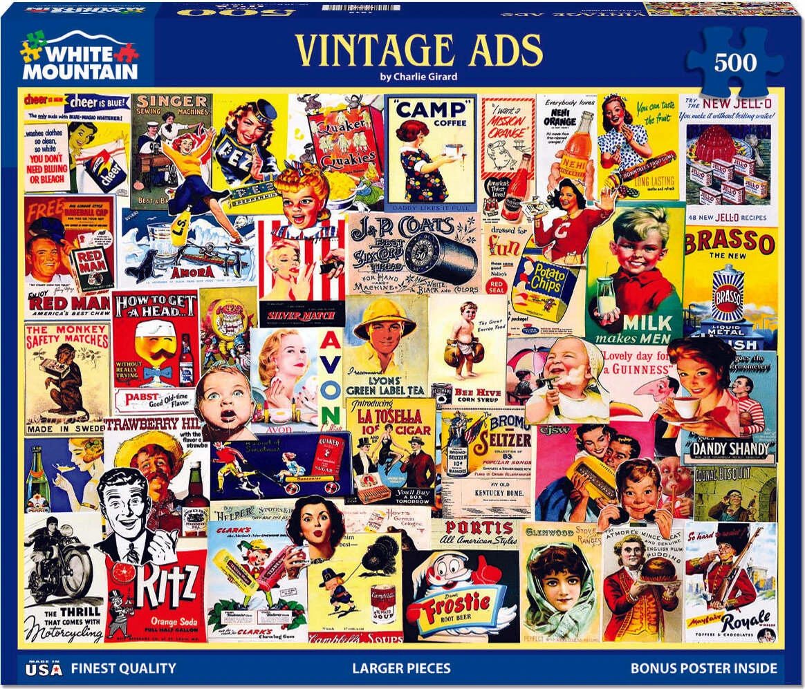 Vintage Ads - 500 Piece Jigsaw Puzzle-White Mountain Puzzles Vintage Ads - 500 Piece Jigsaw Puzzle-White Mountain Puzzles -The Toy Maven Shop wmpu1813pz 1
